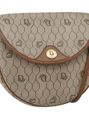 Authentic Christian Dior Honeycomb Canvas Shoulder Bag PVC Leather Beige